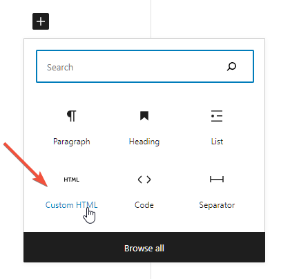 Custom HTML block gutenberg